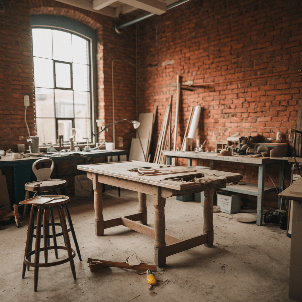 L'image représente une pièce avec une table et des chaises, entourée d'une atmosphère de délabrement. L'image représente une pièce avec une table et des chaises, entourée d'une atmosphère de délabrement. Le mobilier comprend des tabourets et une table de travail, disposés contre des murs évoquant l'abandon. Le sol complète l'ensemble de cet intérieur.