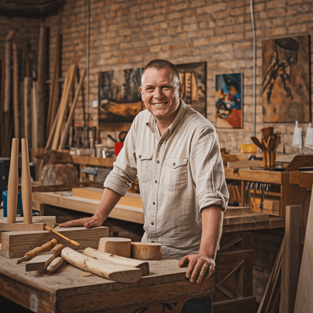 Un homme sourit en se tenant debout dans une pièce remplie d'objets en bois et en métal. Un homme sourit en se tenant debout dans une pièce remplie d'objets en bois et en métal. L'environnement évoque un atelier ou un espace artisanal, mettant en valeur du mobilier en bois et des outils. L'atmosphère générale combine des éléments d'artisanat et de créativité.